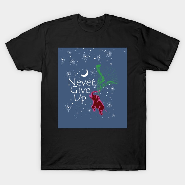 Motivational Never Give Up Flying Pink Red Elephant T-Shirt by pelagio